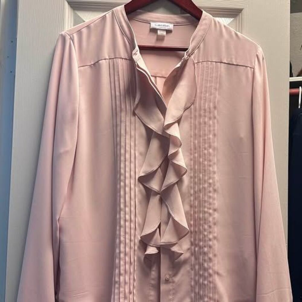 Calvin Klein Ruffle Front Pintuck Blouse